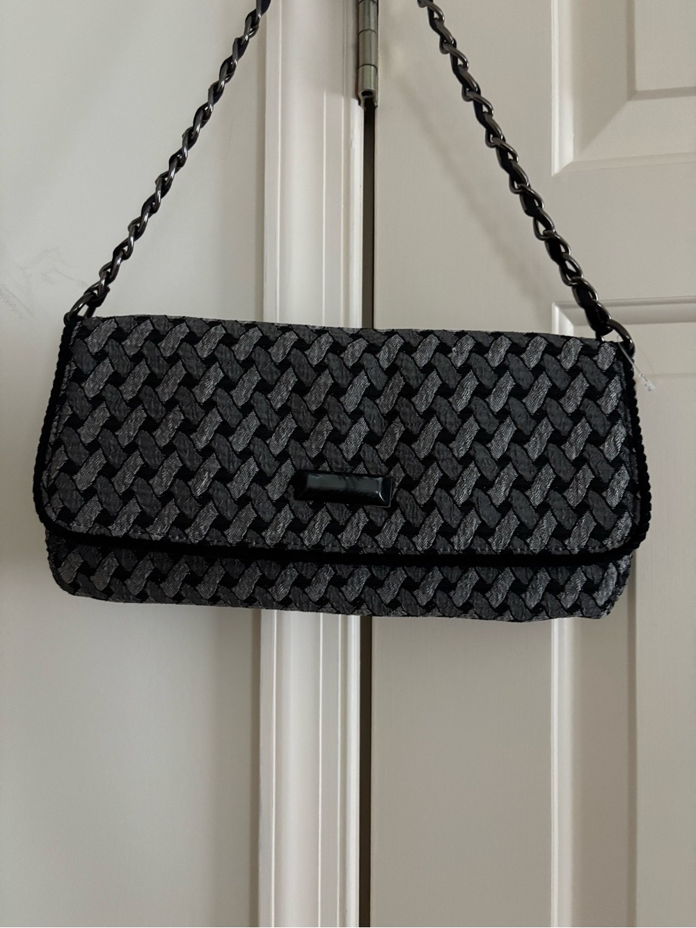 Talbots Black and Gray Woven Shoulder Bag with Braided Chain Strap